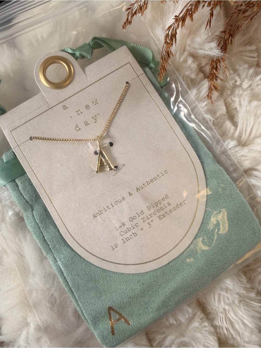 a new day Gold Letter A Necklace with Mint Pouch